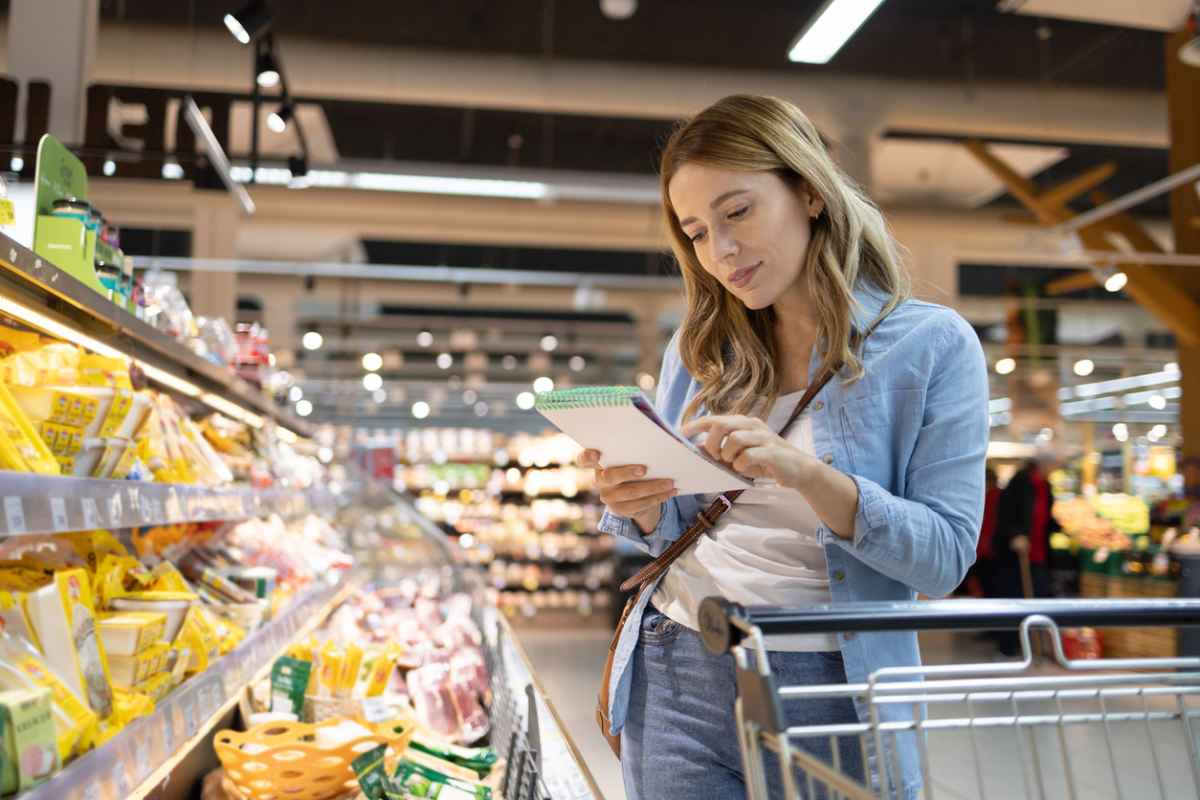 Moteris parduotuvėje žiūri į nešiojamą sąrašą šalia pilnos prekių lentynos.